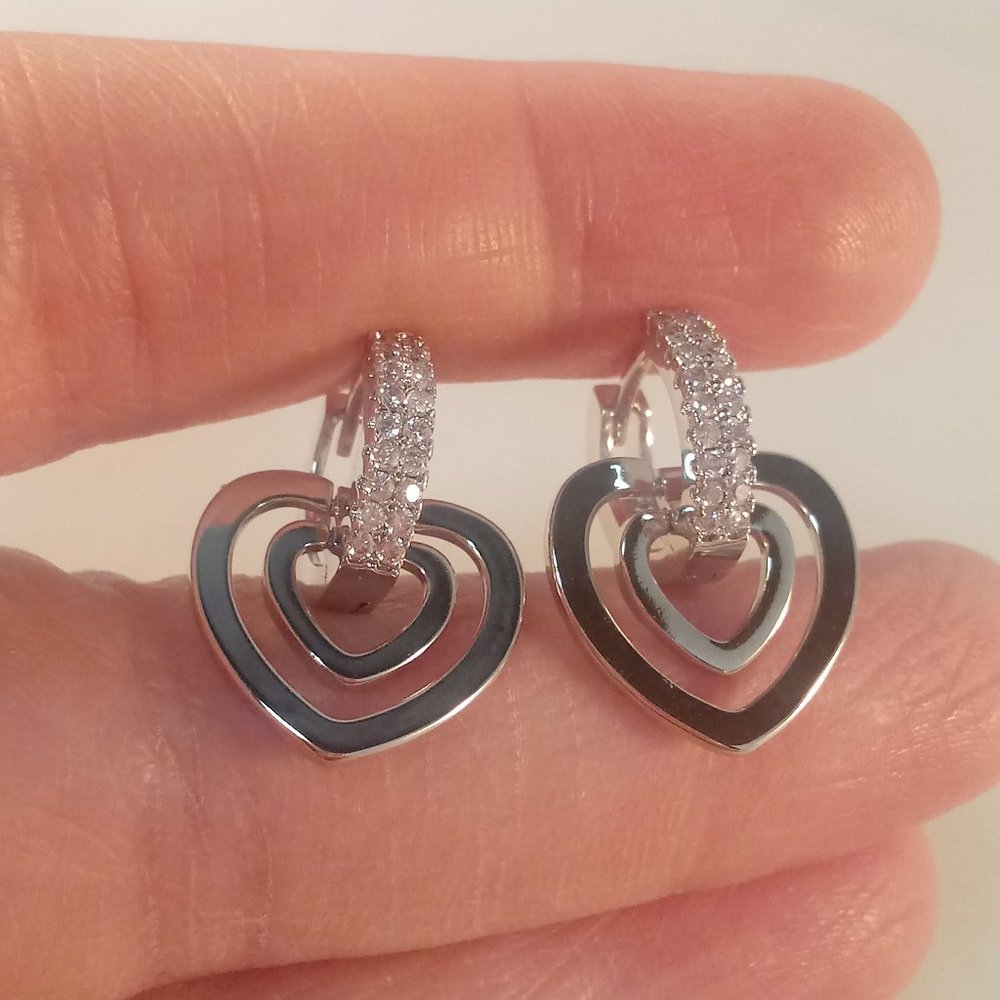 18K White Gold Filled Diamond Zircon Layered Heart Huggie Dangle Earrings Gift